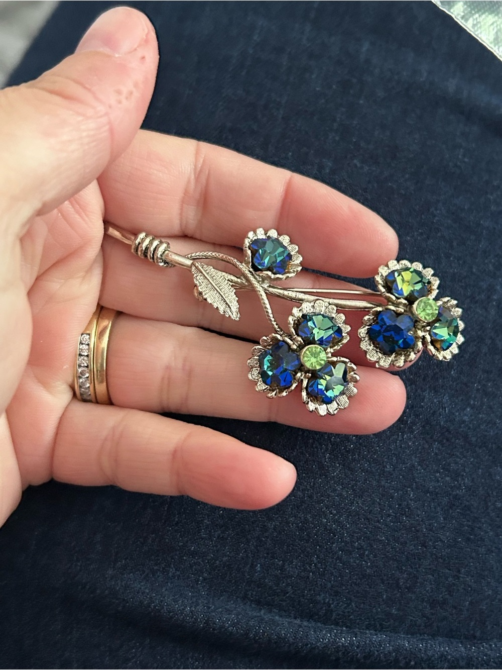4/$100 Silver-Tone Floral Cluster Brooch with Blue-Green Crystals